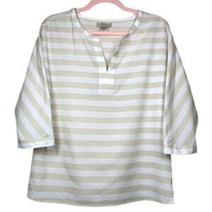 LOFT Beige White Striped V Neck 3/4 Sleeve Blouse Small